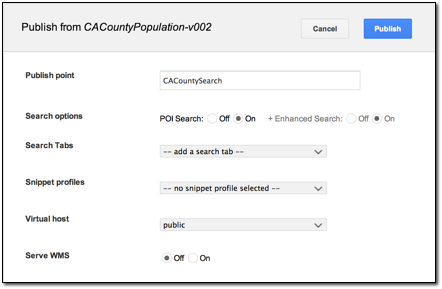 GEE Server Database Publish POI Search dialog