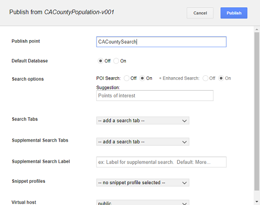 GEE Server Database Publish POI Search dialog